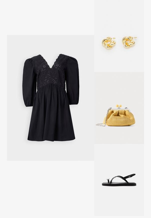 Schwarzes Kleid mit V-Ausschnitt, puffärmel und aufwändig besticktem Mieder. Der Rock ist ausgestellt und hat eine glatte Textur.; Schwarze flache Sandale mit dünnen gekreuzten Riemen, Knöchelverschluss und einer großen runden weißen perlenähnlichen Verzierung über dem Zehensteg.; Kleine gelbe gewebte Handtasche mit silbernem Rahmen, zwei gelben Kugelverschlüssen und einem silbernen Kettenriemen auf weißem Hintergrund.; Hörner aus goldfarbenem Metall mit einem gedrehten Design. Die Oberfläche ist glänzend mit einer glatten Textur und abgerundeten Kanten, konzipiert für Ohrstecker-Verschlüsse.