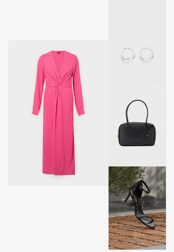 Roze jurk met lange mouwen en een diepe V-hals, met een geplooide twistdetail in de taille en een vloerlange, gestroomlijnde silhoeet. Gladde stoftextuur.; Zwarte hoge hak sandaal met enkelbandje zweeft boven een houten tegelvloer buiten, met een onscherpe groene en stenen achtergrond.; Zwarte rechthoekige handtas met dubbele afgeronde handvaten, gouden ritssluiting en geperst "HUGO" logo aan de voorkant met een aangehecht lederen label.; Zilveren creolen met een gepolijste afwerking en DKNY-branding, weergegeven tegen een effen witte achtergrond.