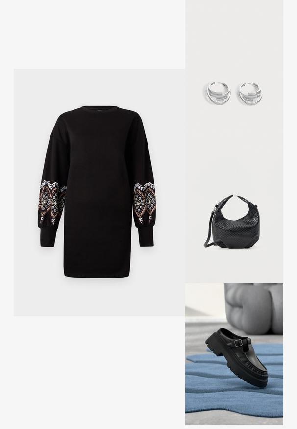 Schwarzes Sweatkleid mit langen, bauschigen Ärmeln, die mit aufwändigen mehrfarbigen Stickereien an den Bündchen verziert sind. Weicher Stoff, Rundhalsausschnitt.; Schwarzer Leder-Slipper mit grober Profilsohle und silberner Schnalle, schräg auf einem strukturierten blauen Teppich platziert.; Schwarze gewebte Lederhandtasche mit kurzem Griff und abnehmbarem Schulterriemen, präsentiert vor einem schlichten hellen Hintergrund.; Paar polierte silberne Creolen mit geschichtetem, gebogenem Stabdesign auf einem einfarbigen hellen Hintergrund.