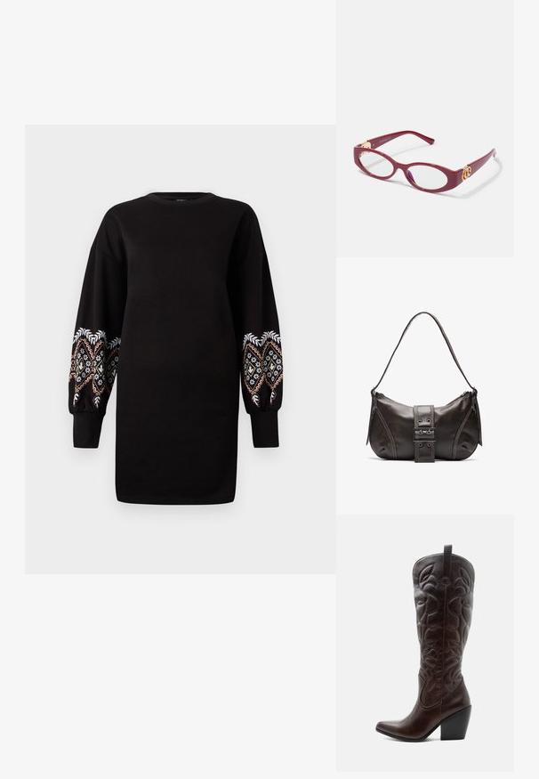 Vestido sudadera negro con mangas largas abullonadas que presentan un intrincado bordado multicolor en los puños. Tela suave, escote redondo.; Bota vaquera alta de cuero marrón oscuro con patrones decorativos cosidos, punta puntiaguda y tacón de bloque apilado.; Gafas de pasta ovaladas rojas con lentes transparentes. Presentan detalles en dorado en las patillas y un diseño moderno y elegante.; Bolso de hombro de cuero marrón con forma curva, que presenta un prominente detalle de hebilla, costuras en contraste y una sola correa para el hombro.
