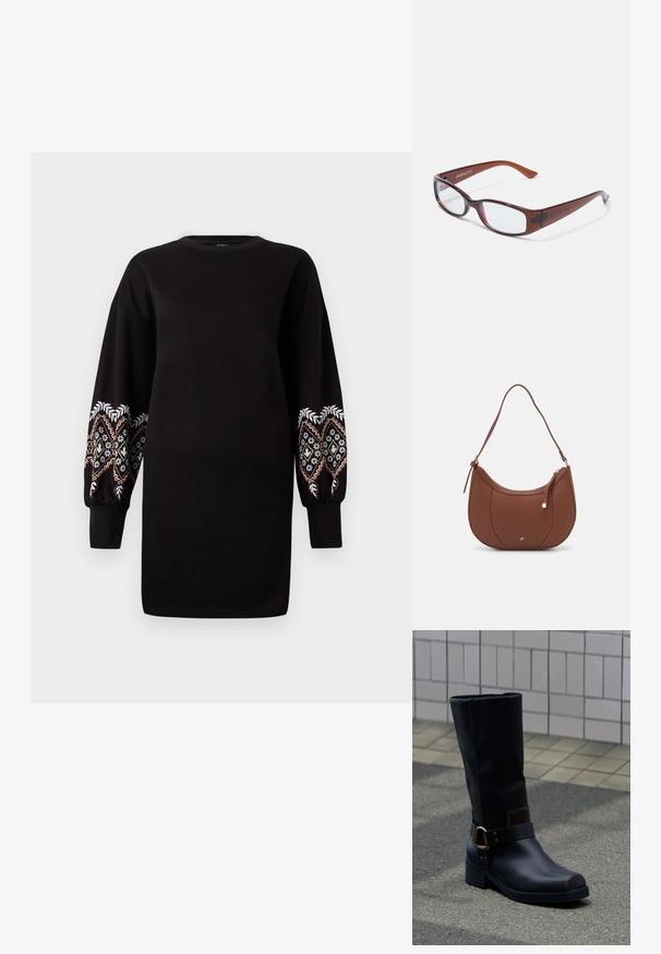 Vestido sudadera negro con mangas largas abullonadas que presentan un intrincado bordado multicolor en los puños. Tela suave, escote redondo.; Bota de cuero negra a media pantorrilla con tacón bajo y una correa decorativa con hebilla metálica, apoyada sobre una superficie pavimentada gris cerca de una pared alicatada.; Gafas rectangulares con tintado marrón y acabado brillante, con varillas delgadas y lentes transparentes. Logo visible en la patilla izquierda.; Bolso de hombro de imitación cuero marrón con forma curva, costura mínima y un acento de hardware en tono dorado. Presenta un cierre de cremallera en la parte superior y una correa ajustable.