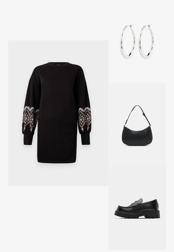 Schwarzes Sweatkleid mit langen, bauschigen Ärmeln, die mit aufwändigen mehrfarbigen Stickereien an den Bündchen verziert sind. Weicher Stoff, Rundhalsausschnitt.; Schwarze Leder-Loafers mit einer chunky strukturierten Sohle, ausgestattet mit einem Riemen über dem Spann und einer glatten, polierten Oberfläche.; Pieces PCALUANA SHOULDER BAG - Handtasche - black; Silberne Creolen mit einer glatten, glänzenden Oberfläche. Kreisform, ausgestattet mit einem sicheren Verschluss. Einfaches und elegantes Design.