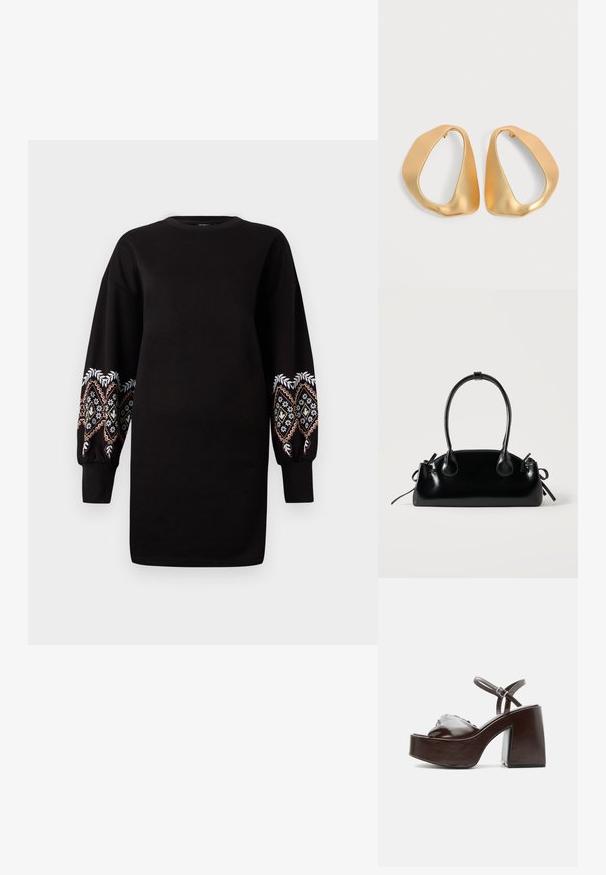 Zwarte sweatshirtjurk met lange, pofmouwen en ingewikkelde meerkleurige borduursels op de manchetten. Zachte stof, ronde halslijn.; Donkerbruine leren platformsandaal met een stevige blokhak, open teen en verstelbare enkelriem met metalen gesp.; Kleine zwarte glanzende handtas met twee lange hengsels en zijkant trekkoord details op een effen lichte achtergrond.; Een paar onregelmatige, asymmetrische gouden oorringen met een gladde, matte afwerking op een neutrale achtergrond.