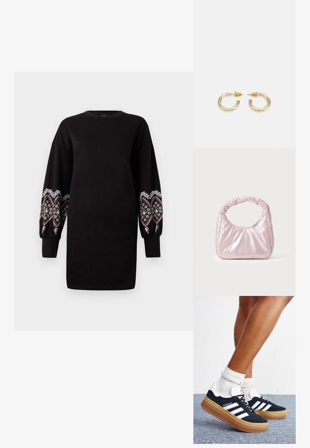 Vestido sudadera negro con mangas largas abullonadas que presentan un intrincado bordado multicolor en los puños. Tela suave, escote redondo.; Piernas con calcetines blancos y zapatillas Adidas Gazelle negras con rayas blancas y suelas marrones gruesas sobre un suelo alfombrado gris.; Bolso de mano acolchado en color rosa con un diseño redondeado, fabricado en material brillante. Presenta un asa fruncida y un cierre de cremallera para un acceso seguro.; Pendientes de aro en tono dorado con una forma suave y redondeada y un acabado pulido. Presentan acentos naranjas en la parte trasera para un ajuste seguro.