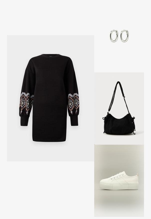 Zwarte sweatshirtjurk met lange, pofmouwen en ingewikkelde meerkleurige borduursels op de manchetten. Zachte stof, ronde halslijn.; Witte platform sneaker met dikke, gestructureerde zool, veters aan de voorkant en subtiele stiksel details op een neutrale achtergrond.; Zwarte corduroy schoudertas met een gebogen vorm, een verstelbare schouderband en trekkoordsluitingen aan beide zijkanten voor maataanpassing.; Zilveren creolen met een gladde, glanzende afwerking. Geronde vorm met een veilige sluiting. Minimalistisch ontwerp met een subtiele draai-detail.