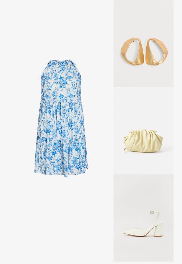 Bloemen-zomerjurk in lichtblauw en wit, met een halternek, gelaagde ruches en een comfortabele, losvallende pasvorm.; Witte hakken sandaal met een puntige neus, verstelbaar enkelbandje en een stevige vierkante hak. Gladde textuur met minimale stiksels.; Geel geplooide handtas van soepel nepleer, met een zachte vorm, een enkele schouderriem en een verzameld ontwerp aan de bovenkant.; Een paar onregelmatige, asymmetrische gouden oorringen met een gladde, matte afwerking op een neutrale achtergrond.