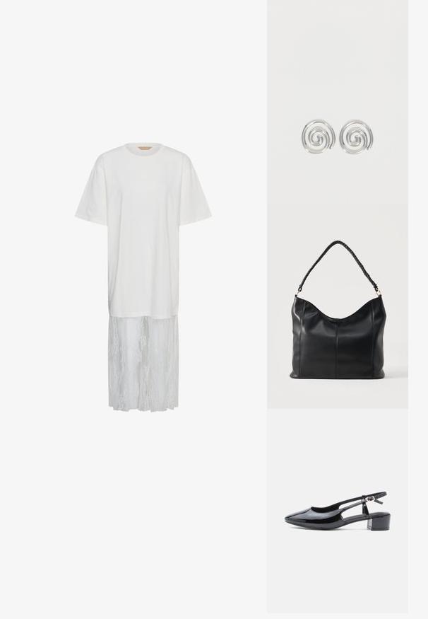 Robe blanche à manches courtes avec partie supérieure unie et tissu en dentelle transparente s'étendant du milieu de la cuisse jusqu'à l'ourlet.; Chaussure slingback en cuir verni noir avec un bout pointu, des côtés découpés et un petit talon block. Équipée d'une bride de cheville avec une boucle.; Sac à épaule en cuir noir avec poignée torsadée et détails de couture verticale sur un fond clair uni.; Paire de boucles d'oreilles en forme d'anneau spirale en argent avec un design lisse et arrondi sur fond blanc uni.