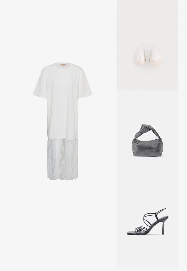 Robe blanche à manches courtes avec partie supérieure unie et tissu en dentelle transparente s'étendant du milieu de la cuisse jusqu'à l'ourlet.; Des sandales noires à talons hauts avec des fines lanières au design noué, un bout carré lisse et un talon aiguille élégant.; Sac à main noir et argent avec une surface texturée affichant un motif en diamant, une anse nouée et une forme structurée.; Boucles d'oreilles en métal argenté en forme de goutte, avec une surface lisse et réfléchissante, présentant un design sans couture et sans embellissements visibles.