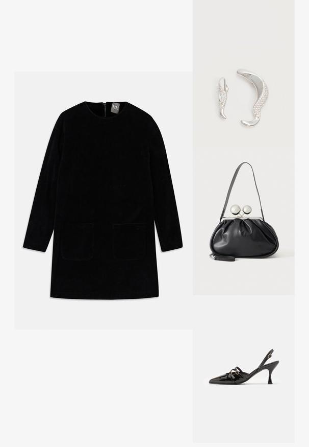 Robe en velours côtelé noir avec des manches longues, un col montant et deux poches avant. Dispose d'une fermeture éclair au dos et d'un tissu texturé.; ALOHAS JOELLE ONIX - Escarpins - black; Sac à main en cuir noir avec un design plissé, une sangle unique, un cadre métallique argenté et deux grandes fermoirs ronds en argent.; Deux boucles d'oreilles argentées courbées, l'une plus grande que l'autre, toutes deux ornées de petits cristaux scintillants le long d'un bord.
