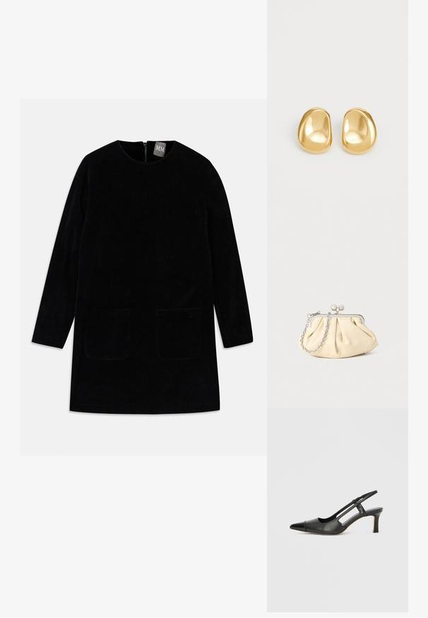 Vestido de pana negro con mangas largas, cuello alto y dos bolsillos delanteros. Presenta un cierre de cremallera en la parte posterior y una tela texturizada.; Zapato slingback de cuero negro con punta afilada, con un acento brillante en la puntera y un tacón de altura media. Diseño con lateral abierto.; Clutch de cuero beige plisado con un marco de metal plateado, que cuenta con dos broches decorativos redondos y una correa de cadena plateada.; Pendientes de studs en color dorado con una forma suave y redondeada y una superficie reflectante, que exhiben un diseño minimalista y sin patrones visibles.
