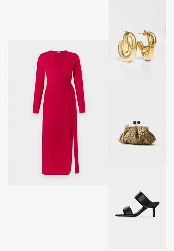 Diane von Furstenberg ASTRID WRAP DRESS - Φόρεμα ημέρας - pink; Μαύρο δερμάτινο σανδάλι mule με δύο φαρδιές λουρίδες και λεπτό μέτριο στιλέτο τακούνι σε απλό ανοιχτό φόντο.; Μικρό τσαντάκι χειρός με γεωμετρικό σχέδιο σε χρυσό και μαύρο, πλαίσιο από μεταλλικό χρυσό, μαύρο κούμπωμα σε σχήμα μπάλας και κοντή χρυσή αλυσίδα.; Charlotte Chesnais BO INITIAL BLOW - Σκουλαρίκια - gold-coloured