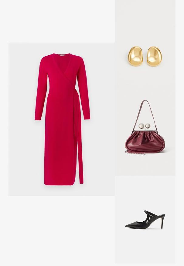 Diane von Furstenberg ASTRID WRAP DRESS - Päevakleit - pink; Mustad nahast kõrge kontsaga mulesed, millel on terav varvas, lõikega küljekujundus ja sile tekstuur. Stiletto konts ja peen õmbluse detail.; Väike burgundia nahast käekott kortsudetailidega, õhukese rihmaga ja kahe suure ringikujulise nööbiga hõbedane kinnitus.; Kuldsete stud-kõrvarõngastega, millel on siledad, ümarad kujundid ja peegeldav pind, näidates minimalistlikku disaini ning ilma nähtavate mustriteta.