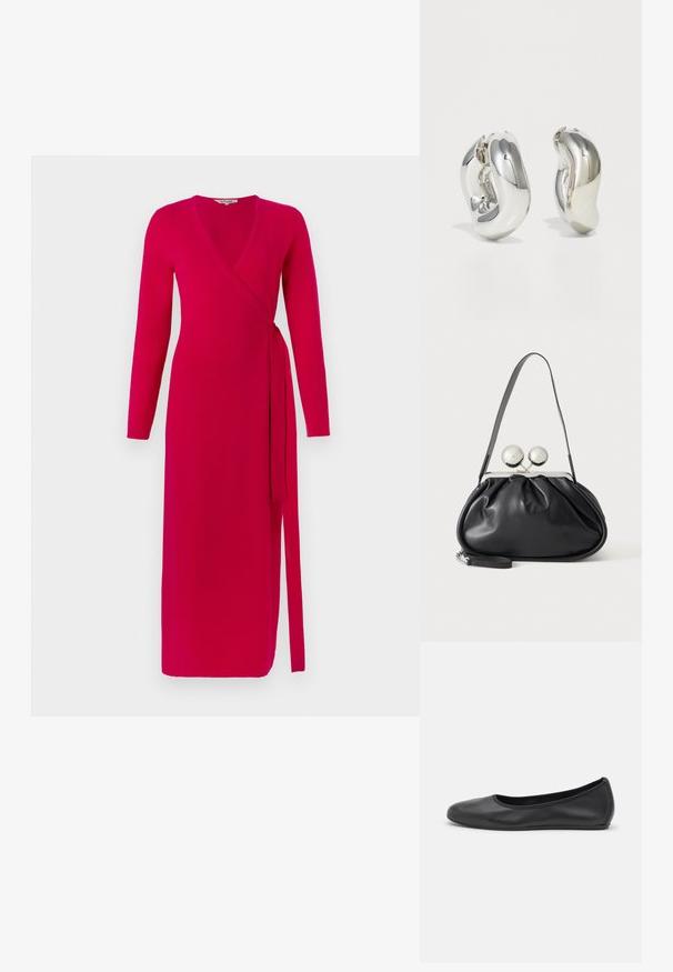 Diane von Furstenberg ASTRID WRAP DRESS - Φόρεμα ημέρας - pink; Μαύρο δερμάτινο μπαλαρίνι με στρογγυλή μύτη, λεία υφή, ελάχιστες λεπτομέρειες ραφής και σχεδίαση ευέλικτης σόλας.; Μαύρη δερμάτινη τσάντα με στρογγυλό σχέδιο, μονό λουρί, ασημένιο μεταλλικό πλαίσιο και δύο μεγάλους στρογγυλούς ασημένιους κλειδώματα.; Ασημένια γλυπτικά σκουλαρίκια με λείες, καμπύλες μορφές και ανακλαστικές επιφάνειες. Διακρίνονται για το κλειστό σχέδιο του κρίκου και την ιδιαίτερη οργανική τους μορφή.