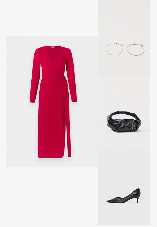 Diane von Furstenberg ASTRID WRAP DRESS - Päevakleit - pink; Mustast nahast kontsakinga terava ninaga ja madala kontsaga. Omadused on sile pind ja peen läige. Esiosal on avatud lõige, mis lisab detaili.; Must have kõrge läikega struktuurse materjaliga must käekott, millel on ümmargune, keeratud sang ja tõmblukk. Omab pehmet, kortsulist disaini.; Kaks peent hõbedast käevõru kõrvuti, üks väikeste helmestega ja teine õhukese punutud kettaga, mõlemad vähikujulise lukkude ja siltidega.
