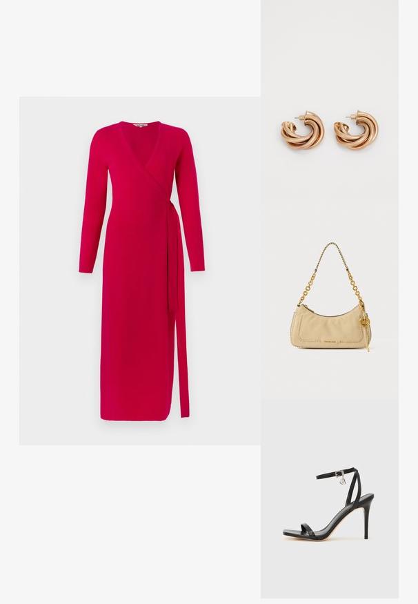 Diane von Furstenberg ASTRID WRAP DRESS - Päevakleit - pink; Mustad kõrge kontsaga sandaal kitsaste pahkluu rihmadega, kandilise varbaosaga, siledast nahast ning metallist pandla aktsendiga.; Beež nahast õlakott punutud servadega, kuldse keti sangaga ja ümmarguse kullavärvi ripatsiga, millel on initsiaalid MK.; Metallist kuldse äärisega kõrvarõngad keerdunud disainiga. Ümar kuju, sile ja läikiv tekstuur ning kinnihoidmiseks kinniti. Oluline laius ja sügavus.