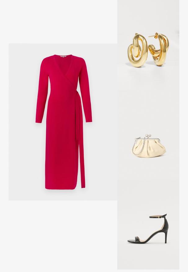 Diane von Furstenberg ASTRID WRAP DRESS - Päevakleit - pink; Must musta kõrgete kontsadega sandaal, millel on pahkluule kinnituv rihm. Omab sileda tekstuuri, avatud varbaosa ning õhukest kontsa. Kuldtooniline pandla detail.; Kortsus beežist nahast kotike, millel on hõbedane metallraam, kaunistatud kahe ümmarguse dekoratiivse lukuga ja hõbedase ketispideme. ; Charlotte Chesnais BO INITIAL BLOW - Kõrvarõngad - gold-coloured