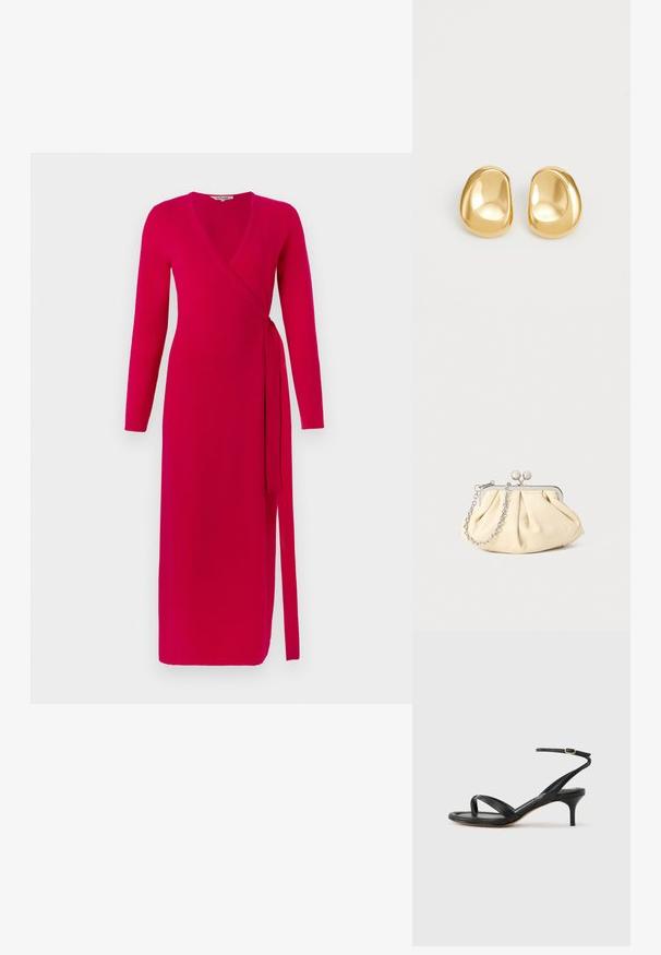 Diane von Furstenberg ASTRID WRAP DRESS - Freizeitkleid - pink; Schwarze Ledersandale für Damen mit dünnen Riemchen, einer Zehenlasche, einer Knöchelschnalle und einem mittelhohen Stöckelabsatz vor neutralem Hintergrund.; Faltige beigefarbene Ledertasche mit einem silbernen Metallrahmen, ausgestattet mit zwei runden dekorativen Verschlüssen und einem silbernen Kettenriemen.; Goldfarbene Ohrstecker mit einer glatten, runden Form und einer reflektierenden Oberfläche, die ein minimalistisches Design ohne sichtbare Muster zeigen.