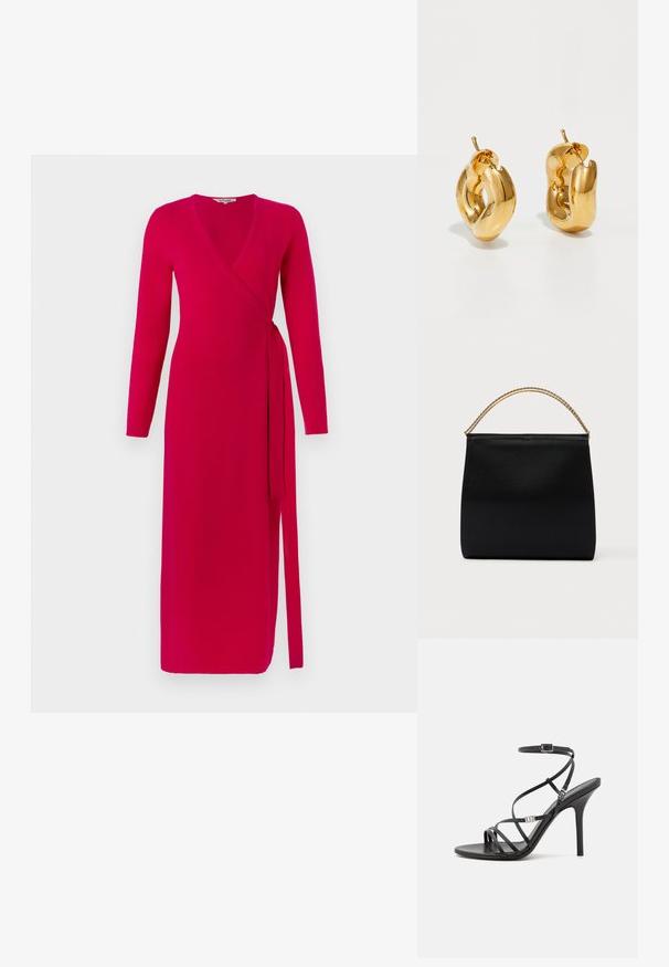 Diane von Furstenberg ASTRID WRAP DRESS - Freizeitkleid - pink; Schwarze High-Heel-Sandale mit dünnen Riemen, einem Knöchelverschluss, einer glatten Lederoberfläche und einem schlanken Stiletto-Absatz.; Schwarze Tasche aus glattem Stoff mit strukturierter Form, einem Griff aus goldener Kette und minimalistischem, geometrischem Design.; Fette goldene Creolen mit einem leicht verdrehten, röhrenförmigen Design und Steckverschlüssen auf einem weißen Hintergrund.