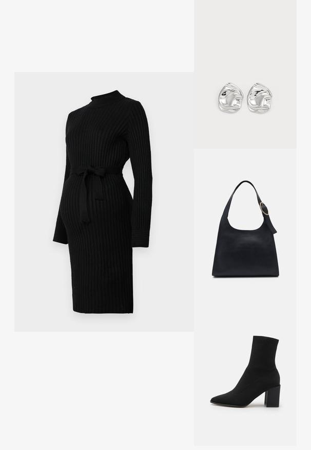 Robe en tricot côtelé noir avec col montant, manches longues et une ceinture à nouer à la taille, conçue pour une silhouette ajustée.; Bottines noires en tissu extensible, à bout pointu et talon carré, avec une bordure côtelée en haut.; Sac en cuir noir avec une texture lisse, un corps arrondi et une seule anse, ornée d'un accent en métal doré rond.; Boucles d'oreilles en forme abstraite argentées avec une finition poli, présentant des courbes lisses et des contours subtils. Pas de motifs ou d'accents visibles.