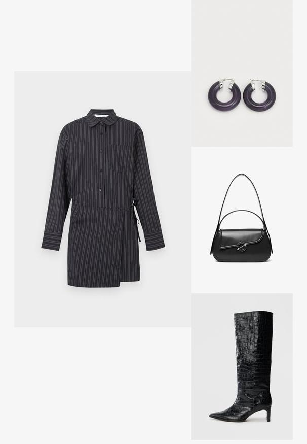 Robe chemise à rayures noires et blanches, manches longues, col, fermeture à boutons sur le devant, une poche poitrine unique, et ceinture ajustable à la taille.; Bottes noires montantes, avec une texture brillante à motif crocodile, bout pointu et talon effilé. Matériau synthétique lisse.; Sac à bandoulière en cuir noir avec un rabat incurvé fermé par un fermoir métallique rond et une sangle fine et ajustable.; Boucles d'oreilles en résine violet avec des accents en métal argenté. Forme circulaire avec une finition brillante, dotées d'une fermeture à charnière sécurisée.