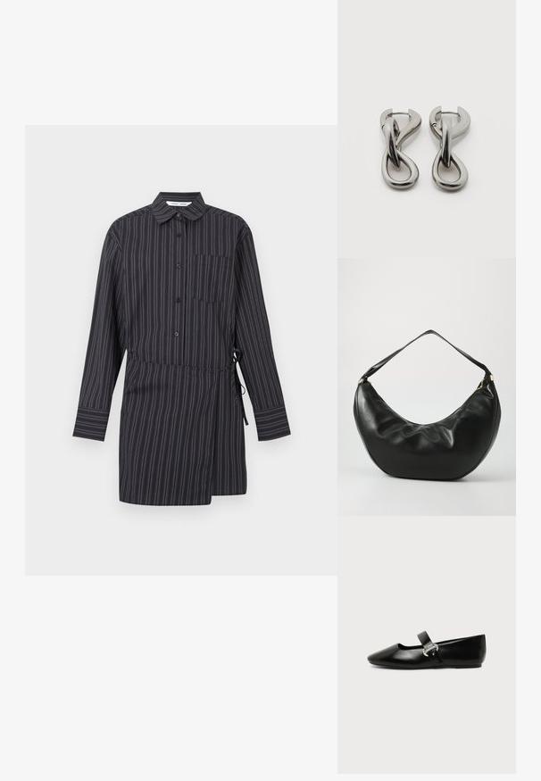 Robe chemise à rayures noires et blanches, manches longues, col, fermeture à boutons sur le devant, une poche poitrine unique, et ceinture ajustable à la taille.; Chaussure plate Mary Jane en cuir noir avec bout arrondi et bride à boucle argentée sur fond uni.; Sac à épaule en cuir noir, de forme courbée, avec une texture douce et une seule sangle; il comporte une fermeture éclair dorée et un logo discret.; Paire de boucles d'oreilles en métal argenté avec un motif abstrait d'anneaux entrelacés sur fond blanc.