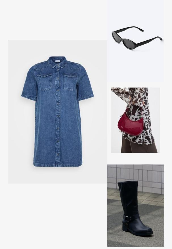 Vestido de camisa de mezclilla en azul oscuro, con mangas cortas, dos bolsillos en el pecho, cierre de botones en la parte delantera y un corte recto.; Bota negra de cuero hasta la mitad de la pantorrilla con un tacón bajo de bloque y una correa decorativa con hebilla metálica alrededor del tobillo, sobre un pavimento de baldosas.; Gafas de sol ovaladas negras y elegantes con lentes oscuras y patillas rectas, reposando sobre una superficie blanca.; Mujer con blusa de estampado en blanco y negro sosteniendo un bolso de hombro rojo brillante sobre un fondo liso.