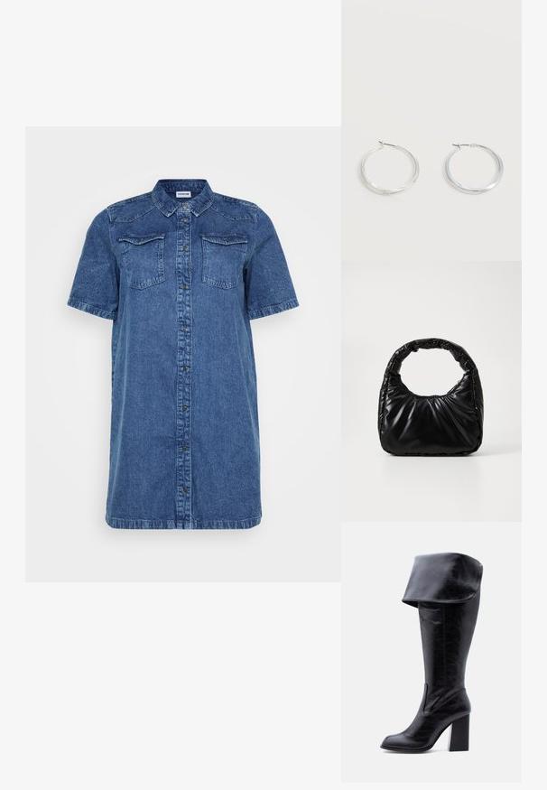 Denim skjortekjole i mørkeblå, med korte ærmer, to brystlommer, knaplukning foran og lige snit.; Høj sort læderstøvle med hæl, foldet kant og rund tå, stående oprejst på en hvid baggrund.; Sort polstret håndtaske med et rundt håndtag, der har en glat, skinnende overflade og en blød, kviltet tekstur. Ingen synlige hardware eller accenter.; Sølvfarvede metaloorringe med glat, let buet overflade og låsemekanisme på en ensfarvet hvid baggrund.