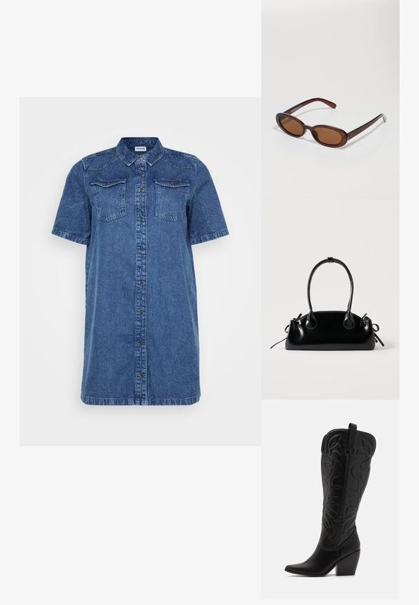 Denim skjortekjole i mørkeblå, med korte ærmer, to brystlommer, knaplukning foran og lige snit.; Sorte knæhøje støvler i læder med spids snude og lagdelt hæl. Har dekorative syninger og buede designelementer.; Runde, bruntonede solbriller med en glansfuld bordeauxramme. Slanke arme med diskret brandingdetalje. Flad linsedesign.; Lille sort blank håndtaske med to lange håndtag og snøre-detaljer i siden på en ensfarvet lys baggrund.