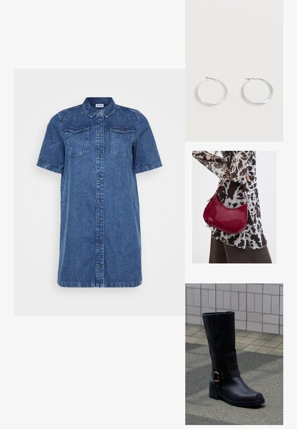 Denim shirt jurk in donkerblauw, met korte mouwen, twee borstzakken, een knoopsluiting aan de voorkant en een rechte snit.; Zwarte leren laars tot halverwege de kuit met een lage hak en een decoratief riempje met metalen gesp, staand op een grijs bestraatte ondergrond nabij een betegelde muur.; Vrouw met een zwart-wit gebloemde blouse houdt een glanzende rode schoudertas vast tegen een effen achtergrond.; Zilverkleurige metalen creolen oorbellen met een glad, licht gebogen oppervlak en sluitingen met haaksluiting op een effen witte achtergrond.
