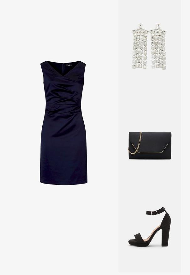 Robe sans manches bleu marine longueur genou avec décolleté en V, buste froncé et silhouette ajustée.; Anna Field by Zalando Sandales - black; Pochette noire au toucher lisse, dotée d'une chaîne en or et d'une fermeture à rabat géométrique rehaussée de doré.; Boucles d'oreilles en cristal avec des accents en métal argenté, ornées de plusieurs pierres taillées en rectangles et carrés disposées en rangées en cascade.