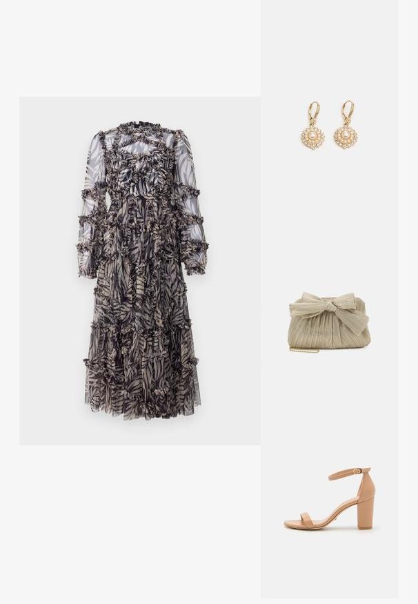 Maxi šaty s priesvitnou čiernou a béžovou tkaninou s motívom listov. Ruchované detaily a dlhé, naberané rukávy.; Stuart Weitzman NEARLY - Sandále - nude; Loeffler Randall PLEATED FRAME WITH BOW - Listová kabelka - platinum; Marchesa ROUND PEARL DROP - Náušnice - gold-coloured