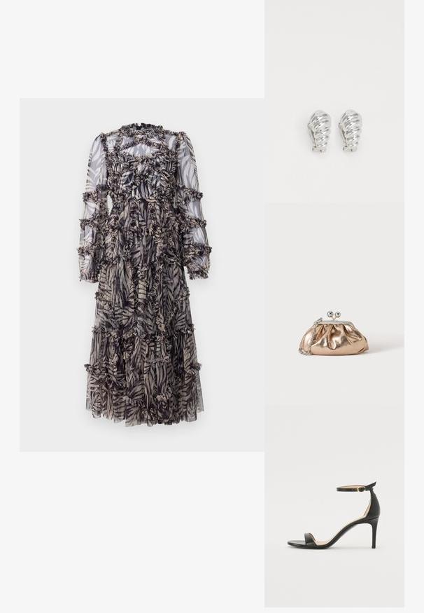 Vestido maxi con una tela semitransparente en negro y beige con un patrón de hojas. Acentos con volantes por todas partes y mangas largas abullonadas.; Sándalo de tacón alto de piel negra con tiras en el tobillo. Presenta una textura suave, puntera abierta y un tacón delgado. Detalles de hebilla en tono dorado.; Pequeño bolso clutch metálico dorado con cierre plateado y cadena en un fondo claro y liso.; Pendientes de clip plateados con un diseño en espiral, que presentan una textura metálica suave y formas redondeadas. Sin adornos ni patrones visibles.