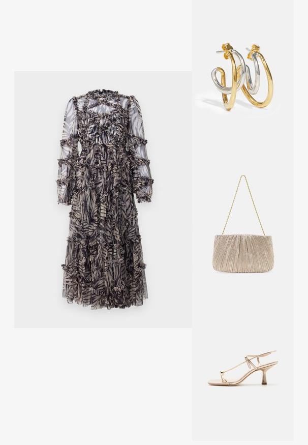 Vestido maxi con una tela semitransparente en negro y beige con un patrón de hojas. Acentos con volantes por todas partes y mangas largas abullonadas.; Sandalia dorada con tiras, tacón bajo de estilo kitten, correa ajustable en el tobillo y lazo en el dedo, sobre un fondo claro y sencillo.; Bolso de mano de tejido metálico plisado con cadena dorada, forma rectangular suave, color beige claro, superficie texturizada y detalles fruncidos.; Pendientes de aro entrelazados en oro y plata con acabados suaves y brillantes; cuentan con un cierre de presión para un uso seguro.