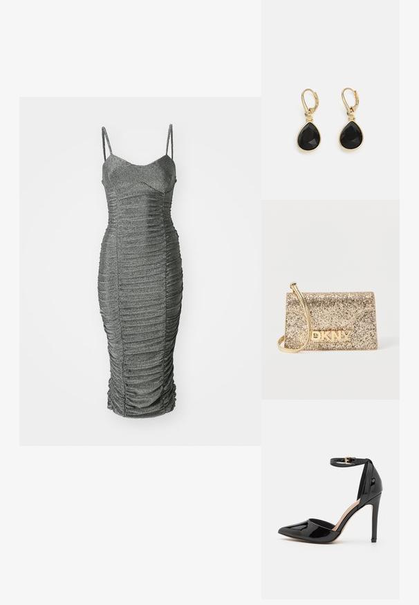 Robe argentée moulante avec fines bretelles et décolleté en cœur. Présente des fronces verticales et un ourlet froncé, texturée avec une finition scintillante.; Escarpin en cuir verni noir avec un bout pointu, une bride de cheville et un talon aiguille fin. Texture lisse avec une finition brillante.; Sac à main pailleté or de forme rectangulaire, avec un logo doré et une fine bandoulière. La surface texturée ajoute de la brillance.; DKNY TEARDROP - Boucles d'oreilles - gold-coloured/black