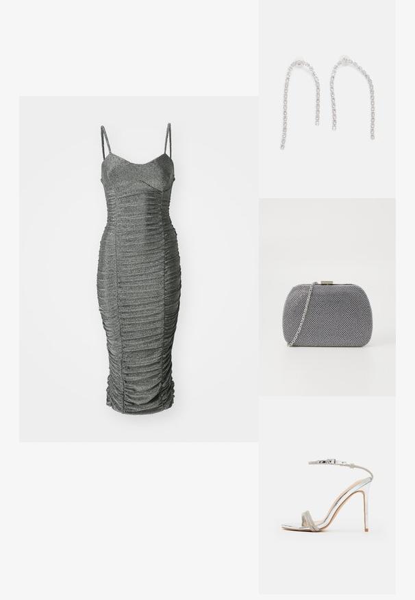 Robe argentée moulante avec fines bretelles et décolleté en cœur. Présente des fronces verticales et un ourlet froncé, texturée avec une finition scintillante.; Sandale à talon haut argenté avec une fine sangle à la cheville, une sangle supérieure ornée, un bout en amande et une finition brillante, miroir.; Pochette texturée noir et blanc de forme arrondie, avec une chaîne en métal argenté et un fermoir en métal en haut.; Boucles d'oreilles en argent avec des chaînes pendantes, présentant plusieurs pierres précieuses claires disposées en motif linéaire, offrant un effet scintillant.