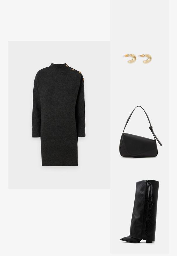 Robe pull tricotée gris foncé avec un col haut, des manches trois-quarts et des boutons décoratifs dorés sur une épaule. Texture lisse.; Botte noire en cuir montante jusqu’au genou avec bout pointu et franges décoratives le long du côté extérieur sur fond blanc uni.; Sac à main en cuir noir de forme triangulaire, avec un rabat incliné et une poignée supérieure arrondie. Il présente une texture lisse et des détails de design minimalistes.; Boucles d'oreilles en forme de croissant en or avec une finition lisse, présentant des accents orange près du clou et un matériel en argent.