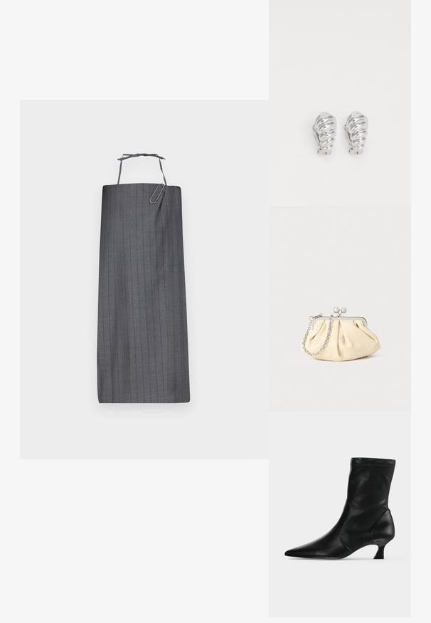 Hallide hall stripe'd apron sirge lõikega, millel on kaela rihm ja dekoratiivne paberklambri aksessuaar ees. Sile kangastekstuur.; Mustast nahast keskvarskoobits terava otsa ja madala kitsekontsaga, külgvaates heledal ühevärvilisel taustal.; Kortsus beežist nahast kotike, millel on hõbedane metallraam, kaunistatud kahe ümmarguse dekoratiivse lukuga ja hõbedase ketispideme. ; Hõbedased klamber kõrvarõngad, millel on spiraalne disain, millel on sile metalliline tekstuur ja ümarad kujundid. Nähtavad ehted või mustrid puuduvad.