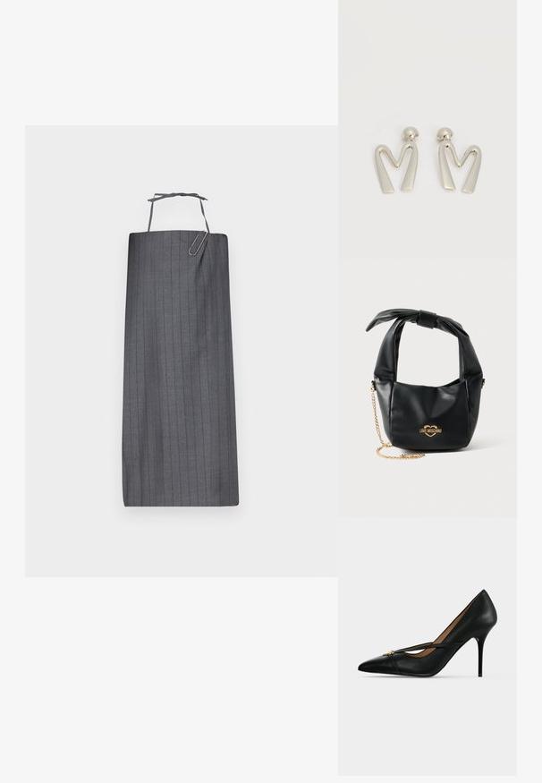 Hallide hall stripe'd apron sirge lõikega, millel on kaela rihm ja dekoratiivne paberklambri aksessuaar ees. Sile kangastekstuur.; Mustast nahast kõrgete kontsadega king terava varbaosaga ja peal hõredalt rihmaga, mis on kinnitatud väikese kuldse pandlaga ühevärvilisel taustal.; Mustast pehmest nahast Love Moschino käekott sõlmitud sangaga ja kuldse kettidega rihmaga valgel taustal.; Hõbeda tooniga metallist kõrvarõngad, mis on kujundatud nurkadega tähe M kujuliseks ja millel on ümarad postid, valgel taustal.