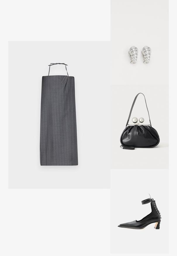 Hallide hall stripe'd apron sirge lõikega, millel on kaela rihm ja dekoratiivne paberklambri aksessuaar ees. Sile kangastekstuur.; Mustast nahast madala kontsaga king terava varbaosaga, tagaküljel paeltega detail ning pahkluu ümber mähitud rihm, valgel taustal.; Mustast nahast käekott kogutud disainiga, ühe rihmaga, hõbedase metallraamiga ja kahe suure ümmarguse hõbedase klambriga.; Hõbedased klamber kõrvarõngad, millel on spiraalne disain, millel on sile metalliline tekstuur ja ümarad kujundid. Nähtavad ehted või mustrid puuduvad.