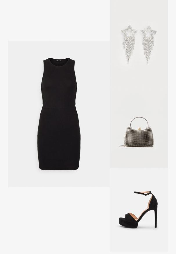 Even&Odd by Zalando Φόρεμα σε ίσια γραμμή - black; Μαύρη σουέτ σανδαλομπότα με ψηλό τακούνι, πλατφόρμα, λουράκι στον αστράγαλο με ασημένια μεταλλικά στοιχεία, ανοιχτή μύτη και λεία υφή.; Μικρό τσαντάκι χειρός με ασημένιο σχέδιο πλέγματος, κυρτή λαβή, μεγάλο κλείσιμο με μαργαριτάρι και λεπτό ασημένιο λουράκι αλυσίδα σε απλό φόντο.; Σκουλαρίκια αστεριών με κρεμαστές λεπτομέρειες από ρινοστόν, σε ασημένια απόχρωση και με γυαλιστερή, ανακλαστική επιφάνεια. Σχήμα αστεριού με περίπλοκο σχέδιο.