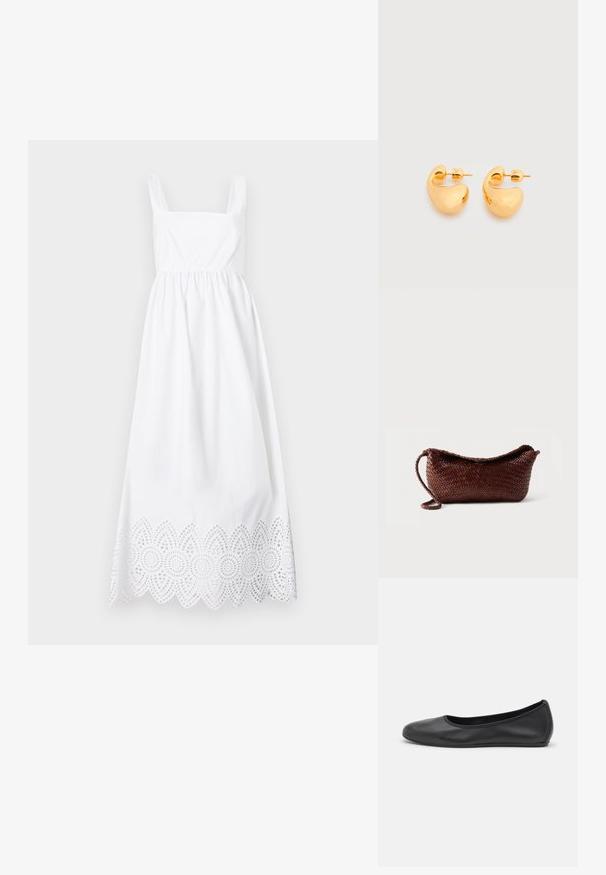 Robe maxi blanche sans manches avec un décolleté carré et un bord en dentelle délicatement festonné.; Ballerines en cuir noir avec un bout rond, texture lisse, détails de couture minimalistes et design de semelle flexible.; Sac à main en cuir tressé marron avec une bandoulière unique et un dessus incurvé sur fond blanc uni.; Paire de petites boucles d'oreilles clous épaisses en métal doré avec des formes lisses, courbes et abstraites sur un fond clair.