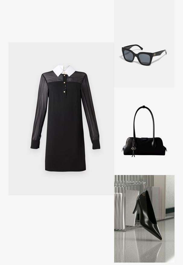 Schwarzes Kleid mit einem weißen Kragen, langen transparenten Ärmeln, Knopfleiste mit goldenen Knöpfen und einer taillierten Silhouette. Glatte Textur über das gesamte Kleid.; Schwarzer High-Heel-Schuh mit spitzer Zehe und goldem Logo, auf einer reflektierenden Oberfläche nahe einem verchromten Draht-Organizer mit Dokumenten positioniert.; Schwarze Sonnenbrille mit einer markanten quadratischen Form, ausgestattet mit dunklen Gläsern und einem goldenen Logoakzent an einem Bügel. Hergestellt aus glänzendem Kunststoffmaterial.; Schwarze Lederhandtasche von Calvin Klein mit langen Henkeln, einem vorderen Logo-Tag und einem silbernen geometrischen Anhänger, der an einem Henkel hängt.