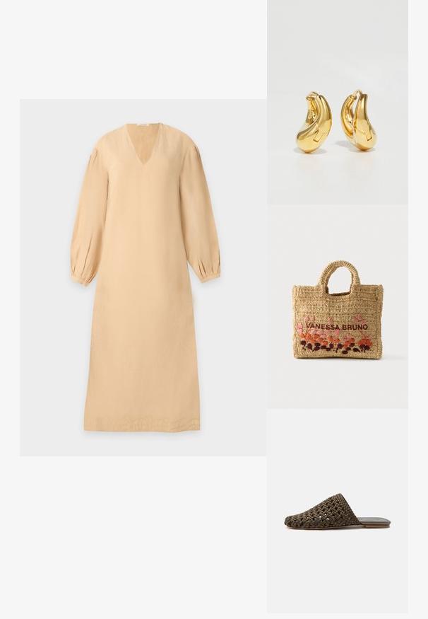 Beige long-sleeve midi dress with V-neck, gathered cuffs, and subtle embroidered detail along the hem on a light background.; Brown woven slip-on mule with a flat sole and closed rounded toe on a white background.; Handwoven tan raffia tote bag with rounded handles, embroidered with "VANESSA BRUNO" and pink, orange, and purple floral designs.; Gold hoop earrings with a smooth, curved shape and polished finish. Features a clasping mechanism and slight indentations for detail.