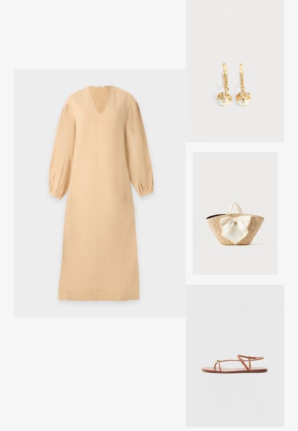Beige long-sleeve midi dress with V-neck, gathered cuffs, and subtle embroidered detail along the hem on a light background.; Loeffler Randall LARA STRAPPY - T-bar sandals - timber; Woven straw tote bag with cream fabric handles and a large decorative cream bow on the front, set against a plain background.; Gold hoop earrings with dangling white pearls encased in gold and small clear crystals on a plain light background.