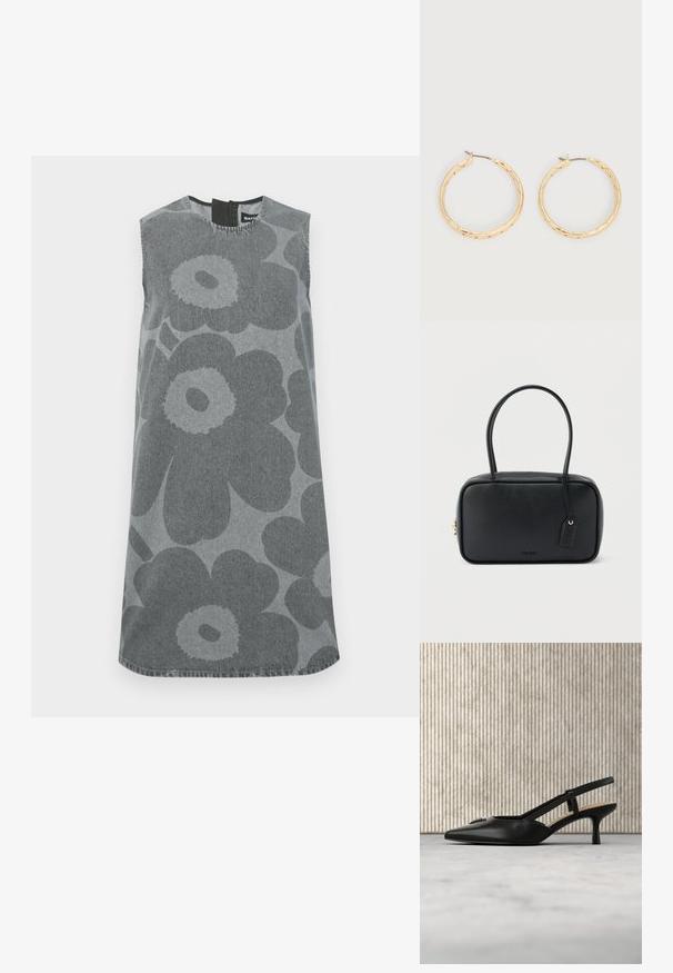 Mouwloze jurk in grijze denim met grote donkergrijze bloemmotieven. Ronde halslijn met een keyhole opening op de rug en een rechte pasvorm.; Zwarte slingback kittenheel met puntige neus en metalen logodetail, zwevend bij een reflecterend oppervlak en een metalen rek met papieren.; Zwarte rechthoekige handtas met dubbele afgeronde handvaten, gouden ritssluiting en geperst "HUGO" logo aan de voorkant met een aangehecht lederen label.; Een paar oorbellen met gouden textuur in de vorm van ringen met dunne pennen, op een witte achtergrond.