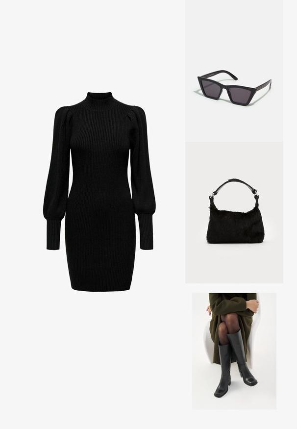 Robe en tricot noire avec un col montant, de longues manches bouffantes et une texture côtelée. Forme ajustée, atteignant le milieu de la cuisse. Aucun motif ni accent visible.; Bottes en cuir noires arrivant au genou, avec un bout carré et un talon carré, présentées sur un modèle assis dans un manteau vert olive. Texture lisse, détails minimaux.; Lunettes noires angulaires avec des verres gris ; fabriquées en plastique, avec des branches épaisses à la surface lisse et sans matériel visible.; Sac à main en fausse fourrure noire avec une texture douce, une forme arrondie et une bandoulière en cuir noir robuste. Accent en métal argenté visible.