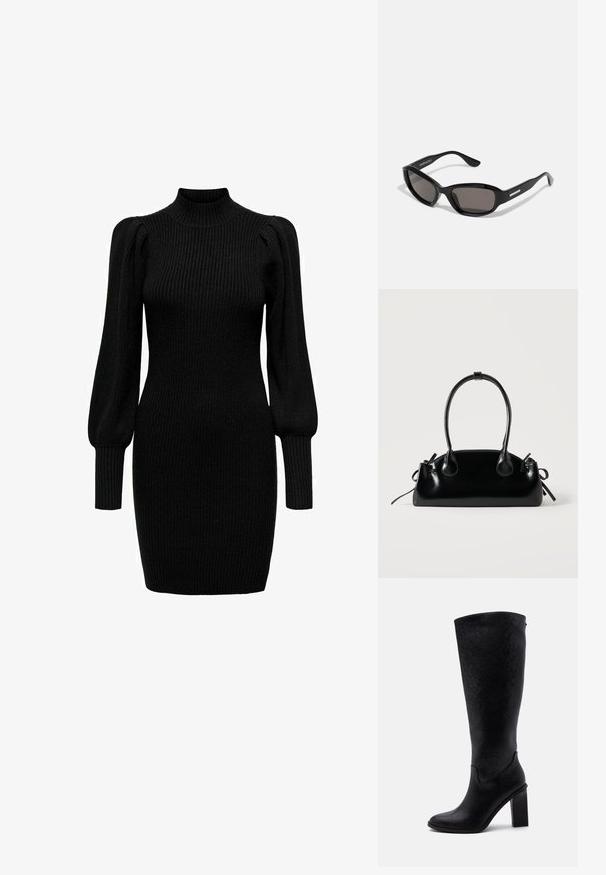 Vestido negro de punto con cuello alto, mangas largas abullonadas y textura de canalé. Silueta ajustada, llegando hasta la mitad del muslo. Sin patrones o acentos visibles.; Bota de mujer negra hasta la rodilla con tacón alto de bloque y patrón de cuero texturizado, mostrada de lado sobre un fondo claro y liso.; Gafas de sol negras con montura rectangular, lentes oscuros, material de plástico suave y un acento metálico en la patilla.; Pequeño bolso negro brillante con dos asas largas y detalles de cordón lateral sobre un fondo claro liso.