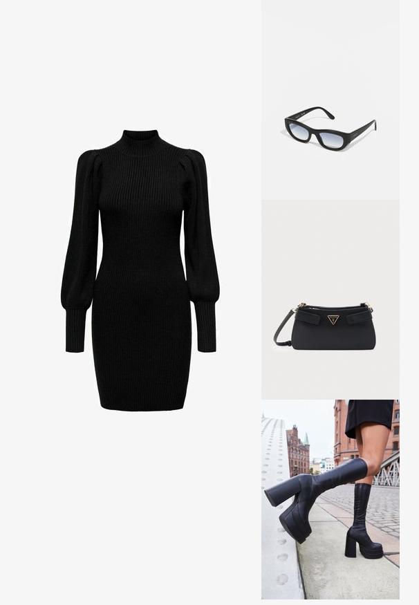 Robe en tricot noire avec un col montant, de longues manches bouffantes et une texture côtelée. Forme ajustée, atteignant le milieu de la cuisse. Aucun motif ni accent visible.; Bottes noires à plateforme montantes en cuir lisse, avec des talons carrés épais et un design élégant, le tout sur fond urbain.; Lunettes de soleil noires avec une monture épaisse, de forme rectangulaire et des verres dégradés. Porte le nom de la marque "vogue" sur la branche.; Sac bandoulière Guess en cuir texturé noir avec plaque logo dorée et sangle réglable sur fond blanc uni.