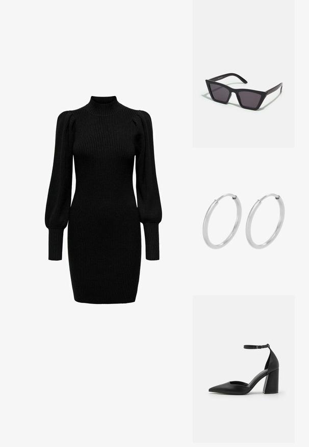 Robe en tricot noire avec un col montant, de longues manches bouffantes et une texture côtelée. Forme ajustée, atteignant le milieu de la cuisse. Aucun motif ni accent visible.; Chaussure à talon haut noire en cuir lisse, présentant un bout pointu, des côtés découpés et une sangle de cheville ajustable avec un talon bloc.; Lunettes noires angulaires avec des verres gris ; fabriquées en plastique, avec des branches épaisses à la surface lisse et sans matériel visible.; Boucles d'oreilles en argent, de forme circulaire, avec une texture lisse et brillante, et une largeur constante. Design minimaliste sans accents supplémentaires.