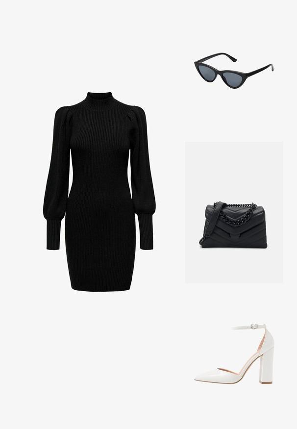Robe en tricot noire avec un col montant, de longues manches bouffantes et une texture côtelée. Forme ajustée, atteignant le milieu de la cuisse. Aucun motif ni accent visible.; Chaussure à talon aiguille en cuir verni blanc avec un côté ouvert, bout pointu, bride de cheville avec boucle et talon épais.; Lunettes de soleil noires en forme d'œil de chat avec des verres gris foncé, monture en plastique élégante, coins pointus et branches droites. Pas de métal visible ni d'accents.; Sac à main en cuir noir avec un motif en chevrons, une bandoulière en chaîne noire et une fermeture magnétique. Forme compacte avec une surface texturée.